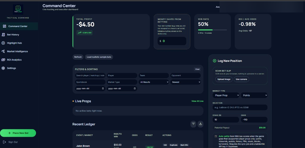 CourtLedger Command Center with summary cards, filters, recent ledger and log-new-position form