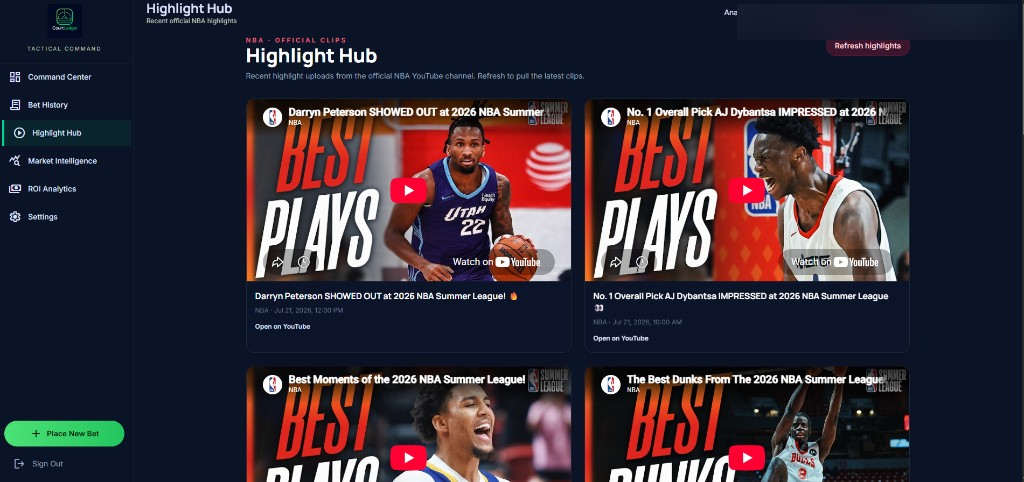 CourtLedger Highlight Hub showing NBA YouTube highlight cards