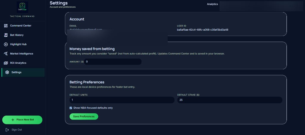CourtLedger Settings page with account preferences and local betting defaults
