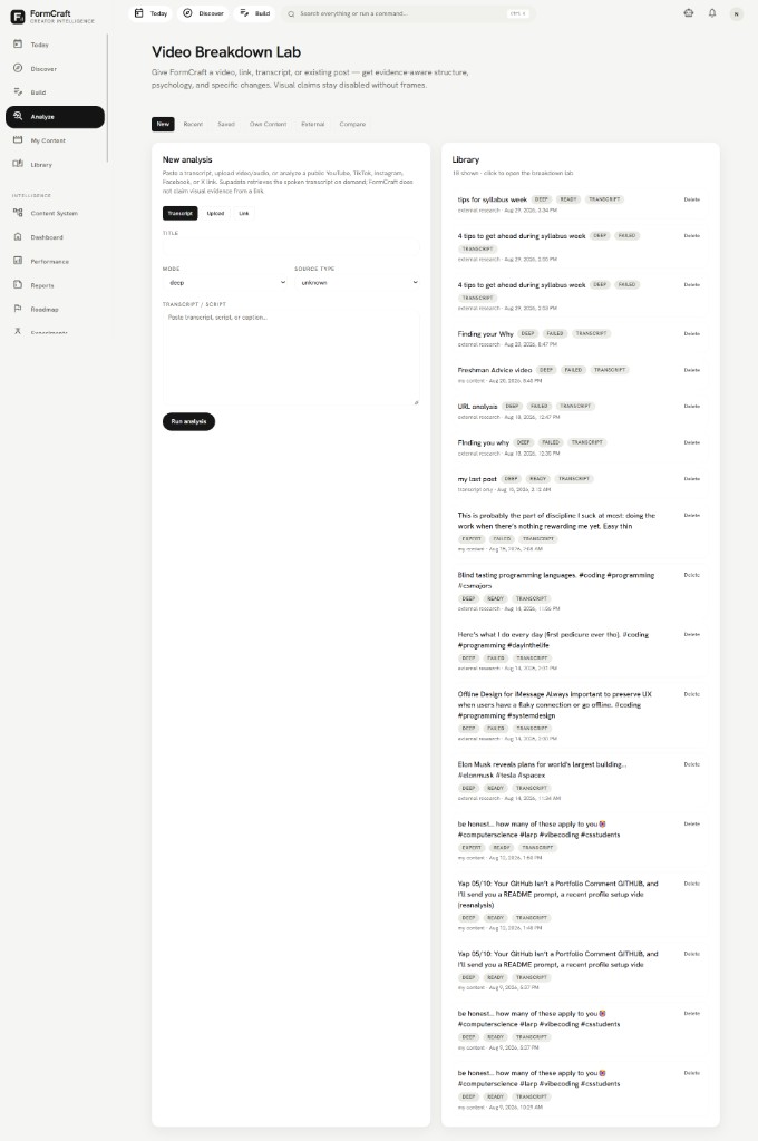 FormCraft Video Breakdown Lab with transcript analysis form and library