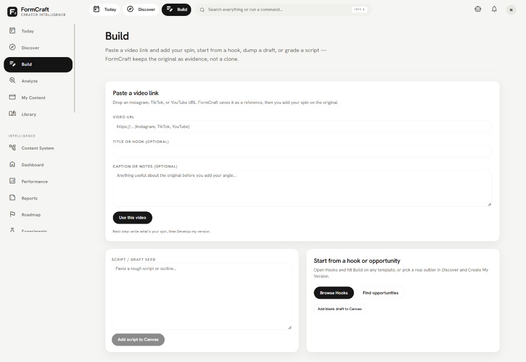 FormCraft Build page for pasting a video link and starting a script draft