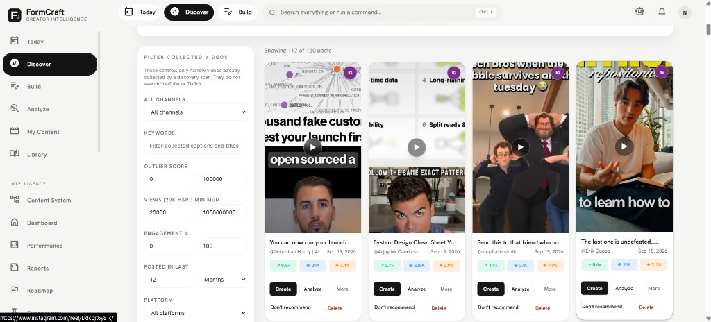 FormCraft Discover feed with outlier scores, views and engagement filters