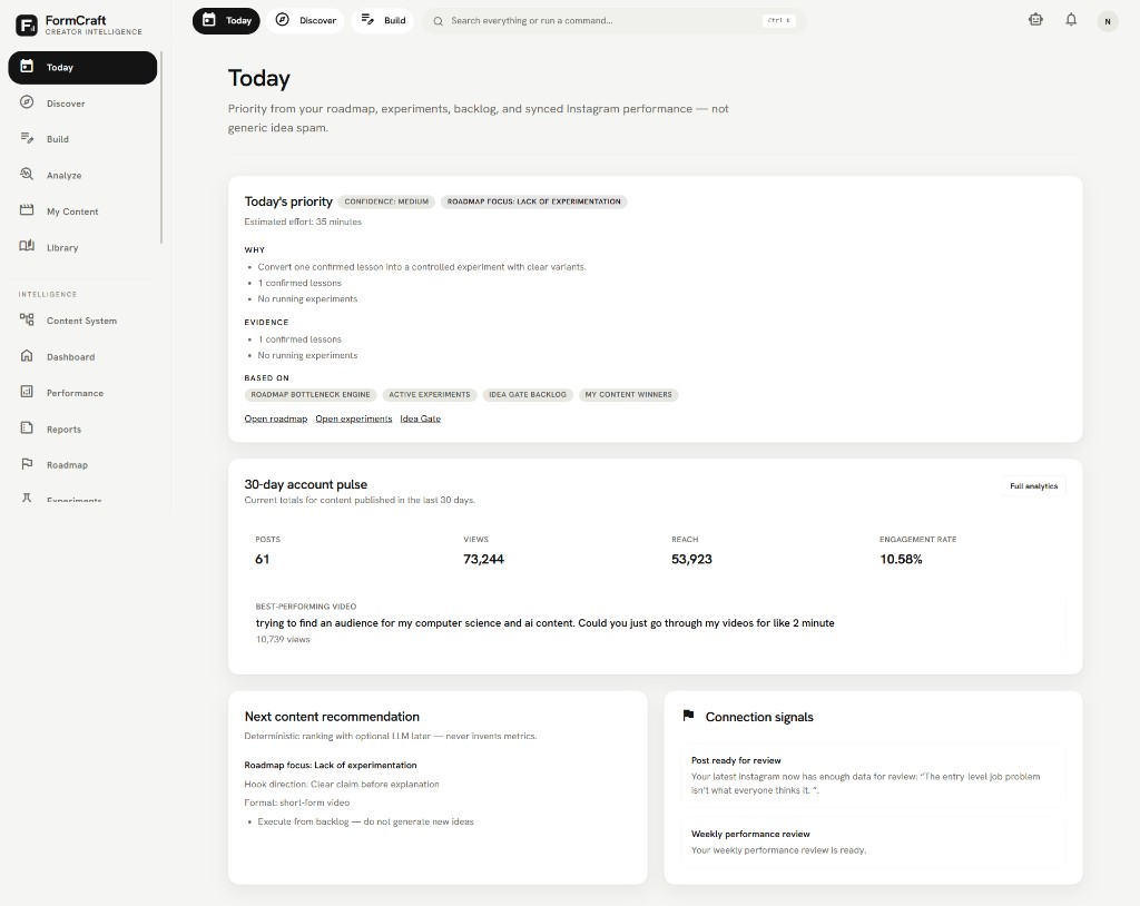 FormCraft Today view with priority card, 30-day account pulse and content recommendations